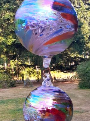 #08042521 three Hanging Ball Sculpture Iridised  Lg-6.25'' Med-5'' Sm-4''  22'' Long $180.00