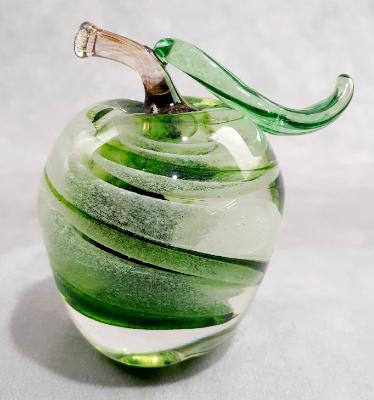 #11152505 Green swirl Apple with stem and leaf Glows in the Dark 4''HX3.5''W $95.00 #11152505 Green swirl Apple with stem and leaf Glows in the Dark 4''HX3.5''W $95.00