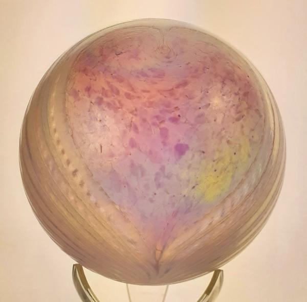 #01102619 Med Float pink on white heart design Iridised  5'' $80.00