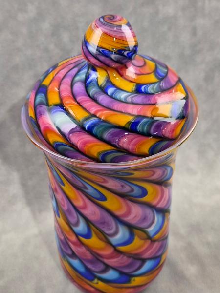 #07022608  Jar with lid Rainbow feather twist 10.5''HX5.5''W $300.00