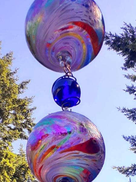 #08042521 three Hanging Ball Sculpture Iridised Upgrade  Lg-6.25'' Med-5'' Sm-4''  29'' Long $280.00
