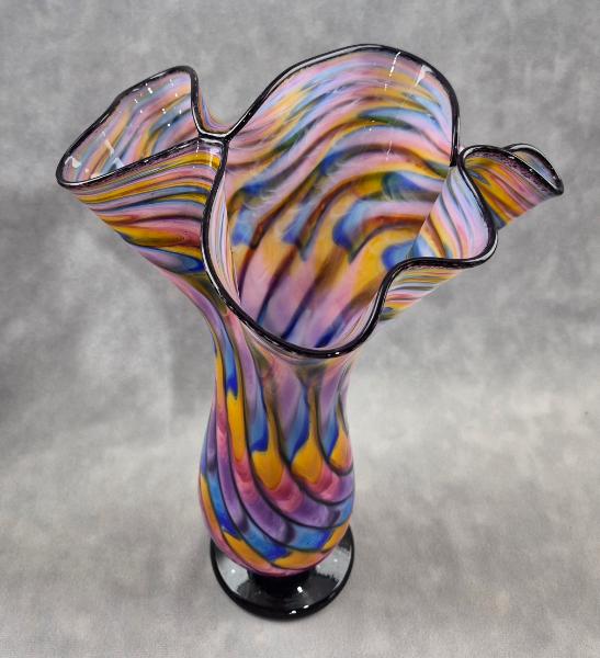 #07022605 Footed Fluted Vase Rainbow feather twist 11.5''HX8''WX3.25''B $150.00