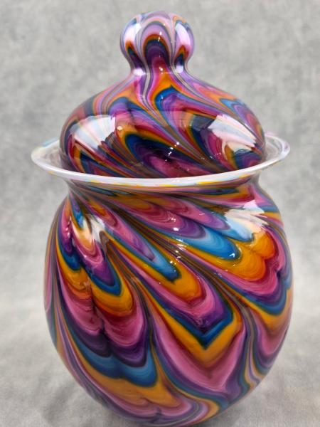 #07022607  Jar with lid Rainbow TieDie 9.25''HX5.5''W $300.00