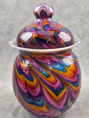 #07022607  Jar with lid Rainbow TieDie 9.25''HX5.5''W $300.00