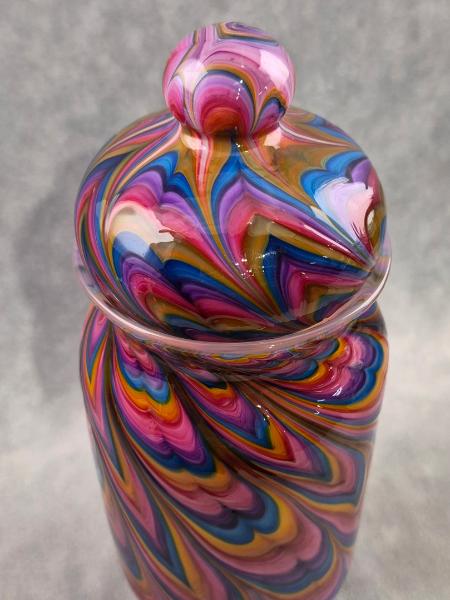 #07022609  Jar with lid Rainbow TieDie 10.5''HX4.25''W $300.00