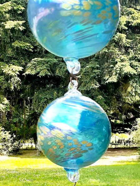 #07042510 Four Hanging Ball Sculpture Iridised Lg-7.25'' Med-6'' Sm-5'' Xsm-3.75'' 33'' Long $250.00