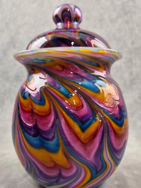 #07022607  Jar with lid Rainbow TieDie 9.25''HX5.5''W $300.00