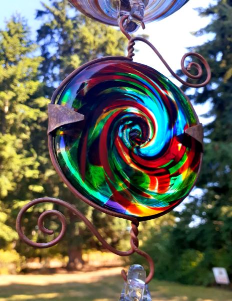 #08042519 three Hanging Ball Sculpture Iridised Upgrade  Lg-6'' Med-4.75'' Sm-3.5''  30'' Long $300.00