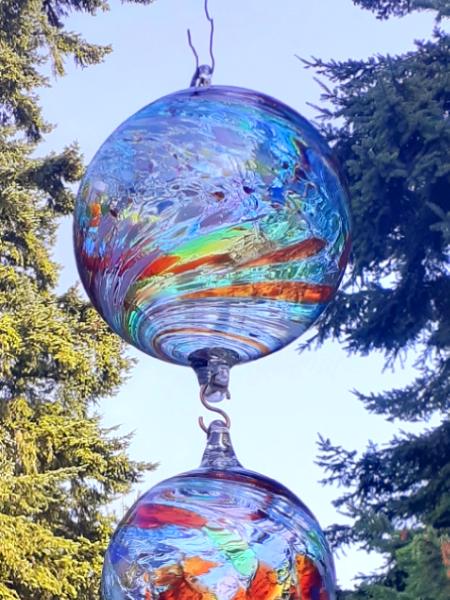 #08042520 three Hanging Ball Sculpture Iridised  Lg-6.75'' Med-5.25'' Sm-4''  23'' Long $180.00