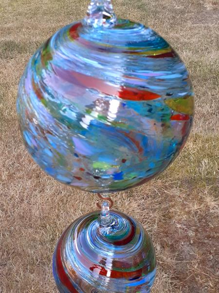 #08042520 three Hanging Ball Sculpture Iridised  Lg-6.75'' Med-5.25'' Sm-4''  23'' Long $180.00