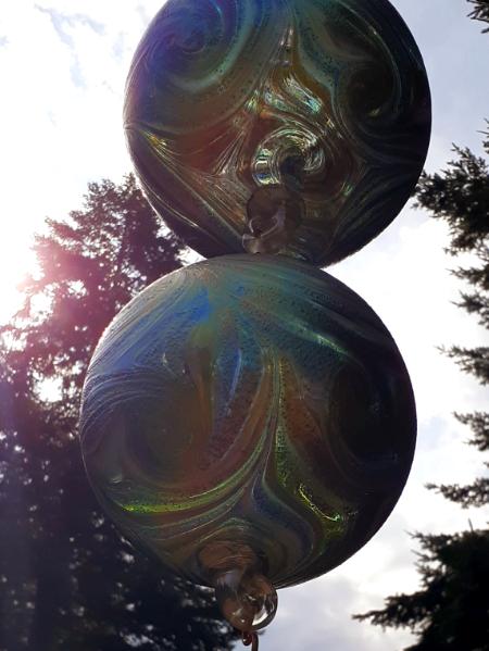 #07302514 Three Hanging Ball Sculpture Starry Night Design Iridised Lg-7'' Med-6'' Sm-4.5'' Long-25'' $200.00