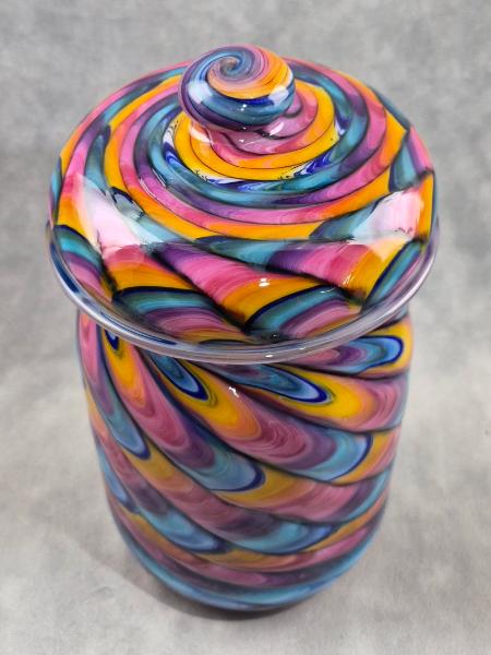 #07022601 Jar with lid Rainbow feather twist 9.75''HX5''W $300.00