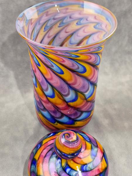 #07022608  Jar with lid Rainbow feather twist 10.5''HX5.5''W $300.00