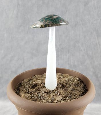 #04122437 GLOW IN THE DARK mushroom on glass stake 7.5''H x 4''W $80