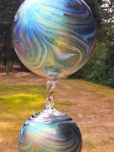 #07302514 Three Hanging Ball Sculpture Starry Night Design Iridised Lg-7'' Med-6'' Sm-4.5'' Long-25'' $200.00