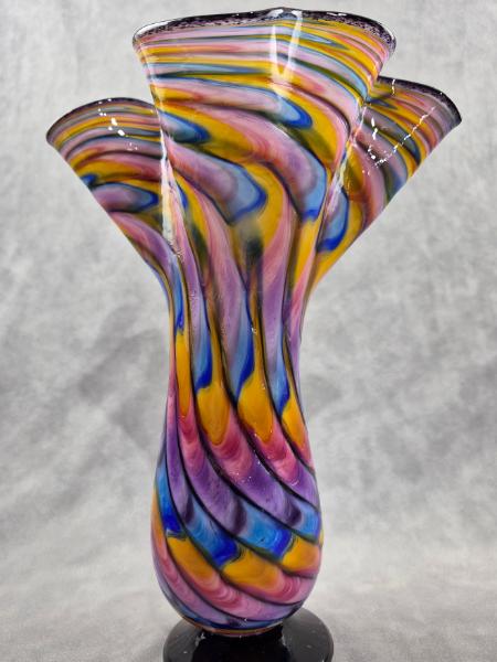 #07022605 Footed Fluted Vase Rainbow feather twist 11.5''HX8''WX3.25''B $150.00