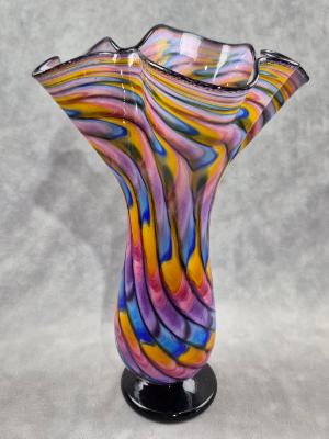 #07022605 Footed Fluted Vase Rainbow feather twist 11.5''HX8''WX3.25''B $150.00
