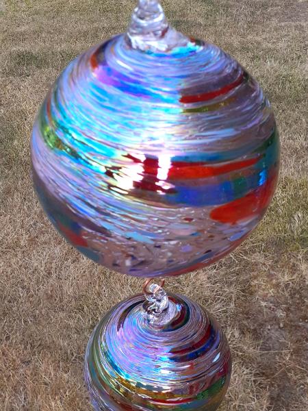 #08042521 three Hanging Ball Sculpture Iridised  Lg-6.25'' Med-5'' Sm-4''  22'' Long $180.00