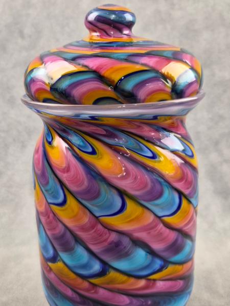 #07022601 Jar with lid Rainbow feather twist 9.75''HX5''W $300.00