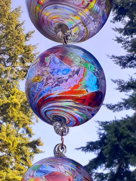 #08042518 Four Hanging Ball Sculpture Iridised  Lg-6.75'' Med-5.25'' Sm-4.5'' Xsm-3.5'' 30'' Long $250.00