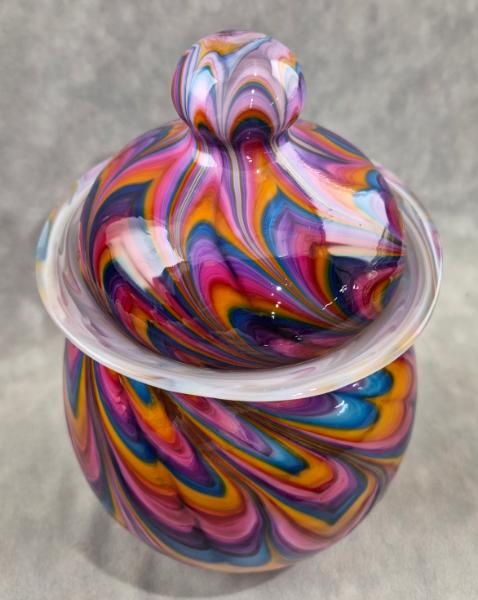 #07022607  Jar with lid Rainbow TieDie 9.25''HX5.5''W $300.00