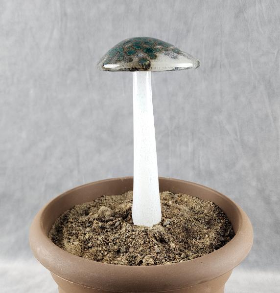#04122434 GLOW IN THE DARK mushroom on glass stake 7.5''H x 4''W $80