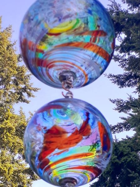 #08042520 three Hanging Ball Sculpture Iridised  Lg-6.75'' Med-5.25'' Sm-4''  23'' Long $180.00