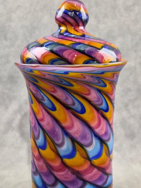 #07022608  Jar with lid Rainbow feather twist 10.5''HX5.5''W $300.00