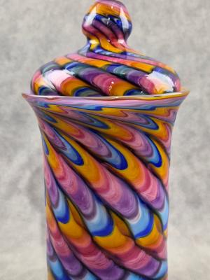 #07022608  Jar with lid Rainbow feather twist 10.5''HX5.5''W $300.00