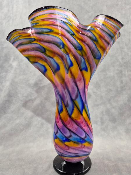 #07022605 Footed Fluted Vase Rainbow feather twist 11.5''HX8''WX3.25''B $150.00