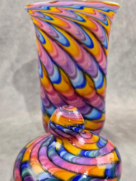 #07022608  Jar with lid Rainbow feather twist 10.5''HX5.5''W $300.00